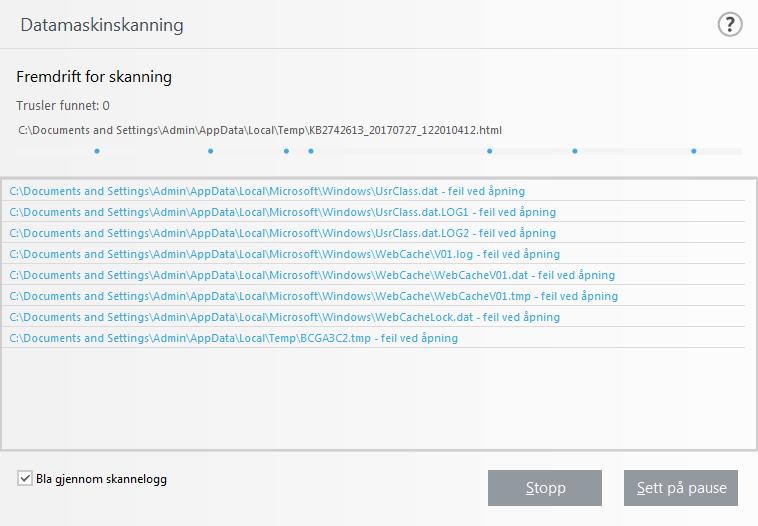 3.9.1.4.2 Skannefremdrift Skannefremdriftsvinduet viser gjeldende status for skanning og informasjon om antall filer funnet med skadelig kode.