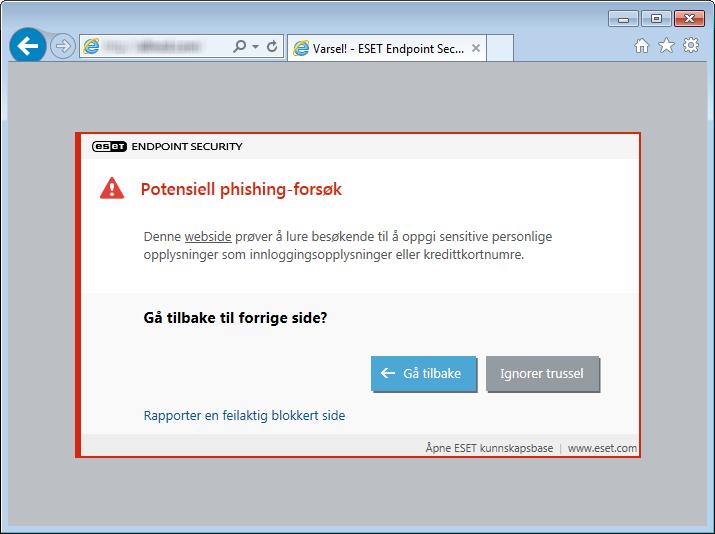 MERKNAD Potensielle phishing-nettsteder som har blitt hvitelistede, vil som standard utløpe etter noen timer. For å tillate et nettsted permanent, bruker du verktøyet URL-adressebehandling.