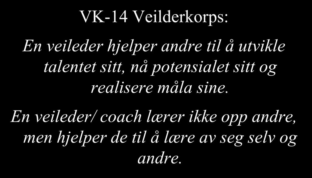 VK-14 Veilderkorps: En veileder hjelper andre til å utvikle talentet sitt, nå potensialet sitt og realisere måla sine.