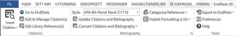 Velg Convert Citations and Bibliography og deretter Convert to Plain text. Endre stil (OUTPUT STYLE) i siteringer og referanseliste.