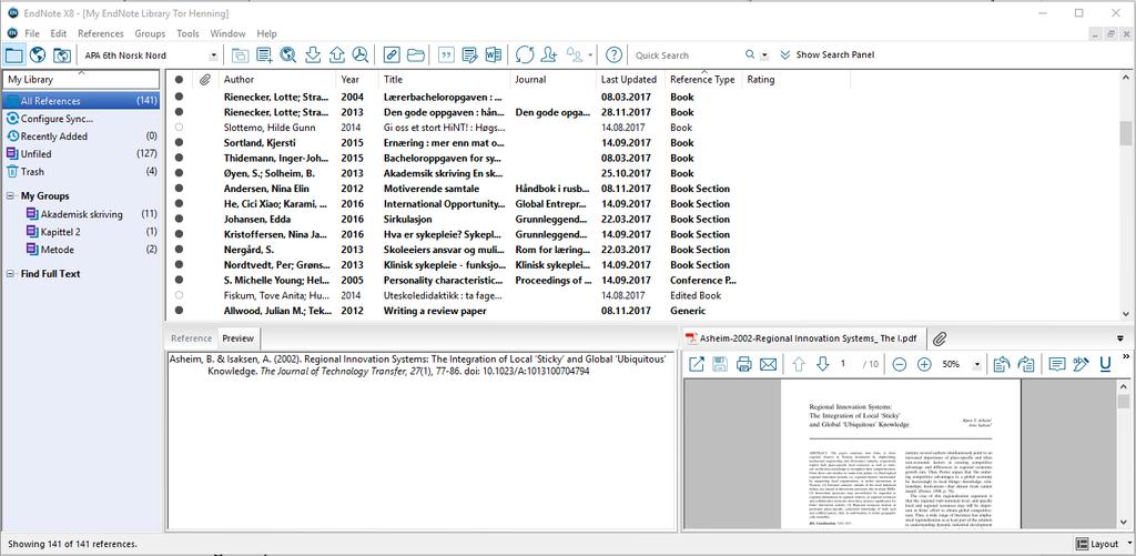 Eksempel på bibliotek i Bottom Split layout: EndNote verktøylinje: 1 2 3 4 5 6 7 8 9 10 11 12 13 14 15 16 17 18 1. Lokal modus 2. Online modus 3. Blandet lokal + online modus 4. Referansestil 5.