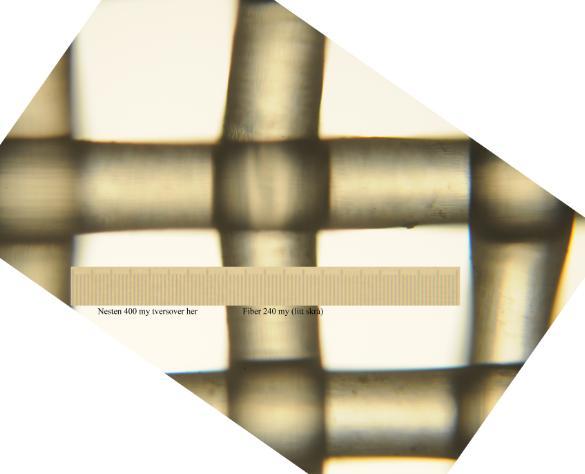Måleskalaen i bildet er 10 μm per enhet, noe som viser at den ene maskeåpningen som er målt (rett over) er om lag 265 μm i diameter, men også at tråden har en tykkelse på om lag 160 μm i diameter.