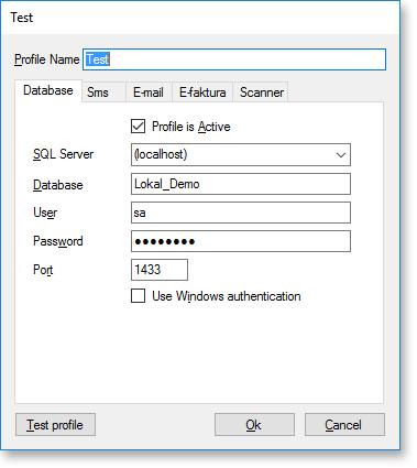 Introduction 1.3.1 11 Database Her gjøres oppsettet for oppkobling mot SQL server Profile is Active: Her settes om profilen skal være aktiv eller ikke.