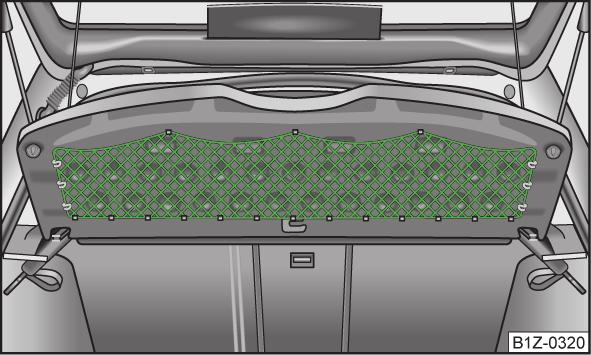 Bagasjenett Bilde 54 Bagasjerom: Bagasjenett Les og følg informasjonen og sikkerhetstipsene på side 58. Hvis du vil frakte plasskrevende gjenstander, kan bagasjeromstildekningen demonteres ved behov.