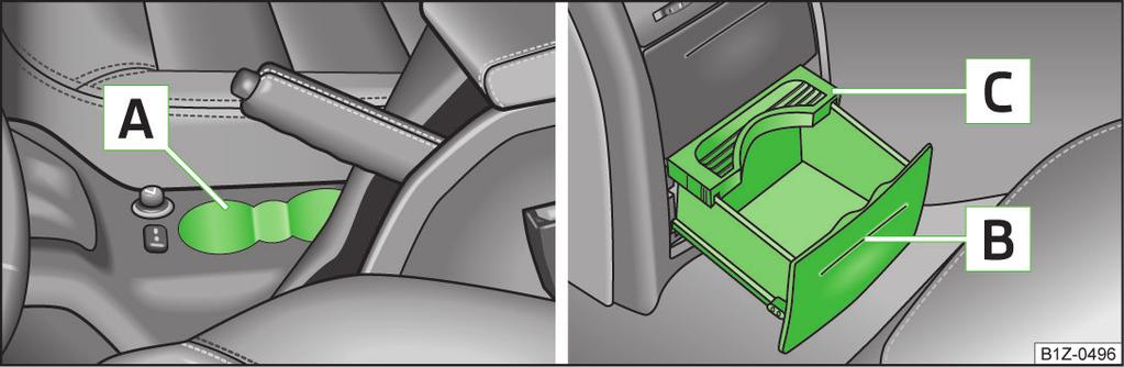 Koppholder Askebeger Askebeger foran Bilde 63 Koppholder Koppholder i midtkonsollen foran I fordypningene er det plass til to drikkebegre A» Bilde 63.