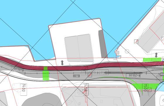 Sykkeltraseen forbi Skur 8 er på samme vis planlagt mellom skurveggen og bybanetraseen, og begrenser ytterligere muligheten av å benytte den Bryggen-vendte siden av skurene til utendørs informasjon.