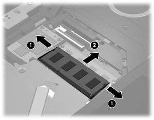 b. Ta tak i kanten på minnemodulen (2), og trekk den forsiktig ut av minnemodulsporet. Plasser minnemodulen i en antistatisk pose for å beskytte den etter at du har tatt den ut. 14.