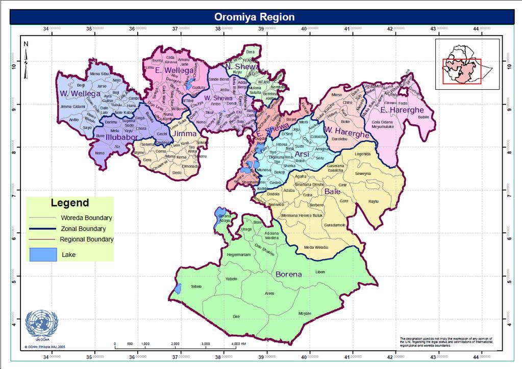 Kartutsnitt fra Etiopia over Oromo-regionen. Kilde: United Nations Office for Coordination of Humanitarian Affairs Ethiopia, UN OCHA-Ethiopia, (2005). Tilgjengelig fra http://www.ochaeth.