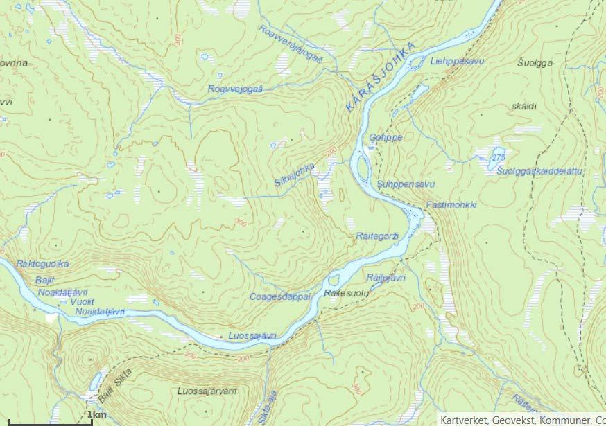 Forslag til forbudssone i Kárášjohka: Ved Skáidegeači, fra Máđárgieddi nedstrøms samløpet med Iešjohka, til kraftlinje som krysser elva ved Leammá-