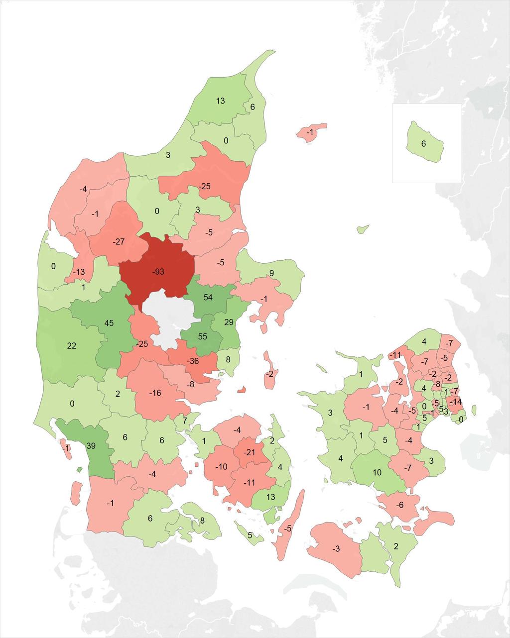 BEFOLKNINGSPROGNOSE 14 Nettotilflytning i forhold til Silkeborg Kommune i 2016 Figur 15 - Kort over flyttebalancen (tilflyttere minus fraflyttere) i forhold til andre kommuner i 2016.