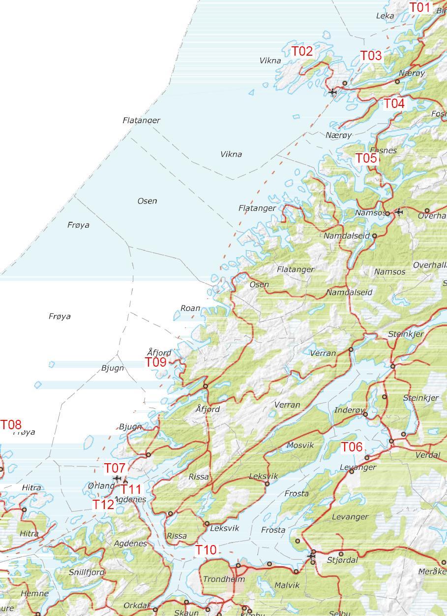 FERJESTRATEGI 17 (40) Figur 2 Ferjesamband i Trøndelag Det er ett stort samband i Trøndelag, nemlig Flakk-Rørvik. Der vil behovet for pålitelighet og kapasitet være bestemmende for dimensjoneringen.