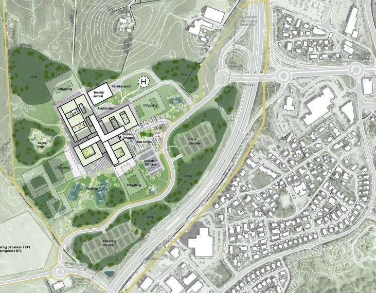 Figur 21 Situasjonsplan Stokka/ Sandnes 6.7.2 Arkitektonisk konsept Det foreslåtte sykehuset på Stokka ligger som et kompakt bygningsmessig landemerke i det åpne landskapet i tettstedets randsone.