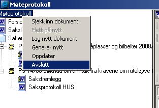 Når alle saksprotokollene er ferdig redigert, høyreklikk på Møteprotokoll på venstremenyen og velg Generer nytt. Da flettes alt inn i ett dokument på samme måte som for møteinnkallingen.