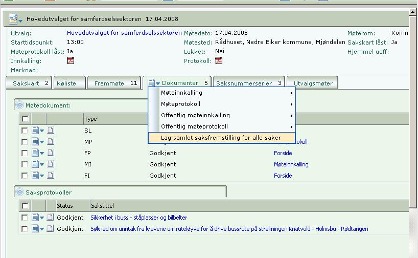 5.3 Utskrift av møtebok/samlet saksfremlegg Er det ønske om å lage et dokument som inneholder en samlet saksfremstilling for alle sakene i møtet, kan dette gjøres.