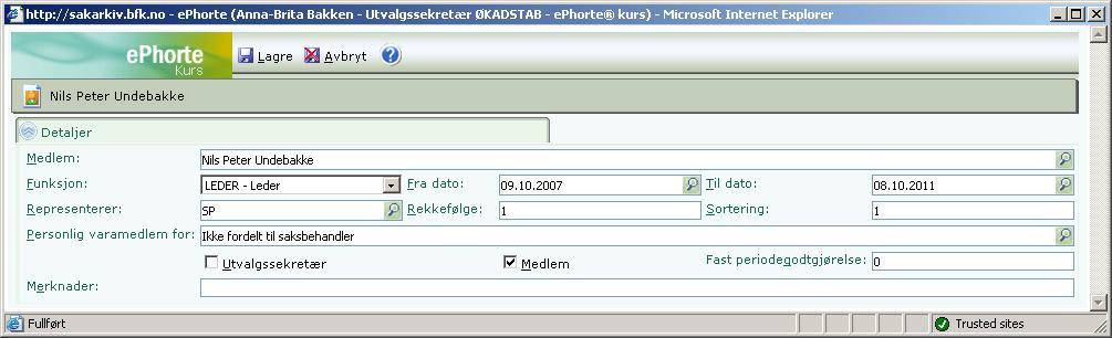 Ved å dobbeltklikke på personen, legges denne inn i registreringsbildet Nytt medlem. Funksjon fylles ut (bruk nedoverpila) og velg rett funksjon (f eks medlem) lista som kommer opp.