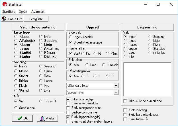 Side 11 7 Lage startliste Startlister brukes til oppslag på samlingsplassen. Disse kan skrives ut pr klasse og sortert på navn på løperne.
