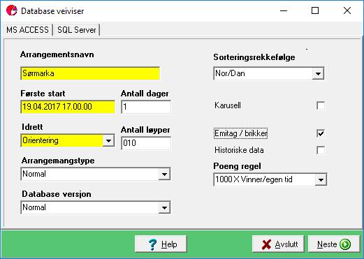 Side 4 Bruk menyvalget Fil/Ny. Fyll inn løpets navn, dvs. sted og dato som vist i eksempelet, og første start, og ellers slik som vist i eksempelet. Klikk Neste>>.