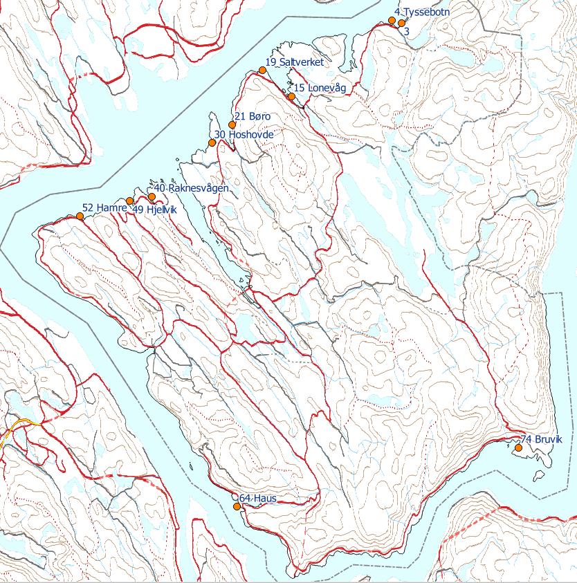 Figur 6 syner lokalisering av småbåthamner som er lagt inn i planen. Alle småbåthamnene er eksisterande med unntak av ny lokalisering i Tyssebotn og Fotlandsvåg.