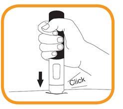 Hold den ferdigfylte pennen godt fast med én hånd rundt det svarte håndtaket. Ta tak i den gjennomsiktige hetten med den andre hånden og ta den av.