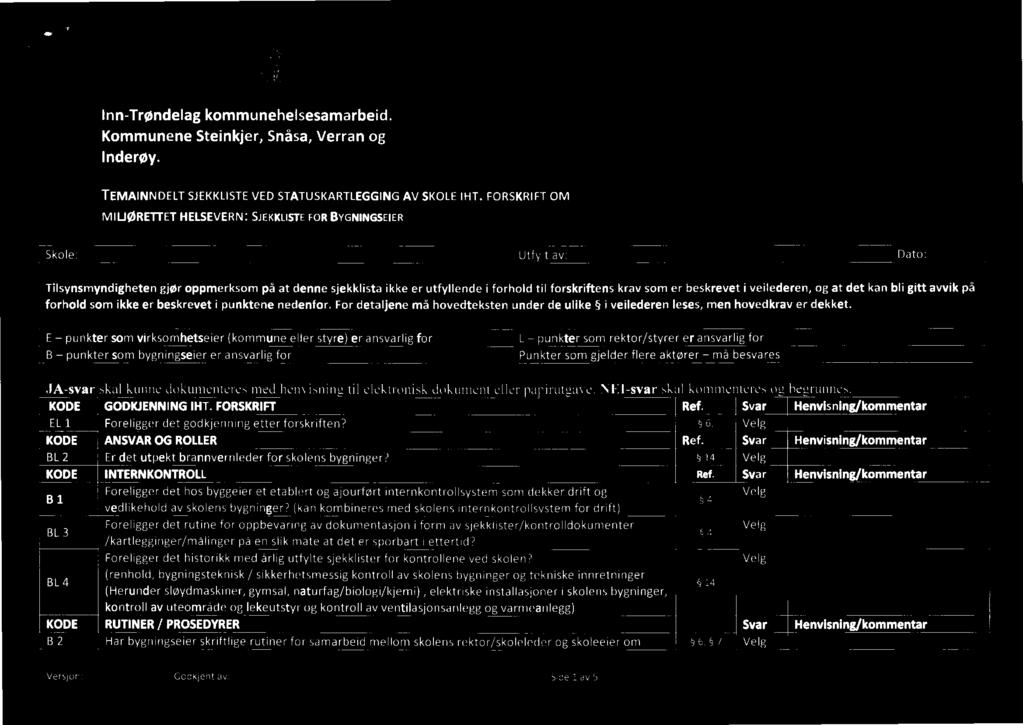 E - punkter som virksomhetseier (kommune eller styre) er ansvarlig for L punkter som rektor/tyrer er ansvarlig for B ~ punkter som bygningseier er ansvarlig for ~ JA-svar skal kunne dokumenteres med