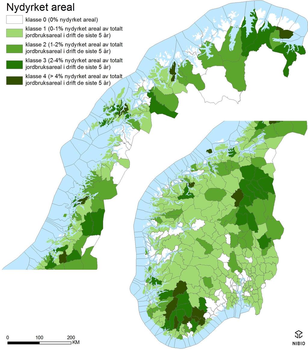 Figur 3. Nydyrket areal basert på KOSTRA-databasen med omfanget av nydyrking i årene 2010-2014 i prosent av jordbruksareal i drift.
