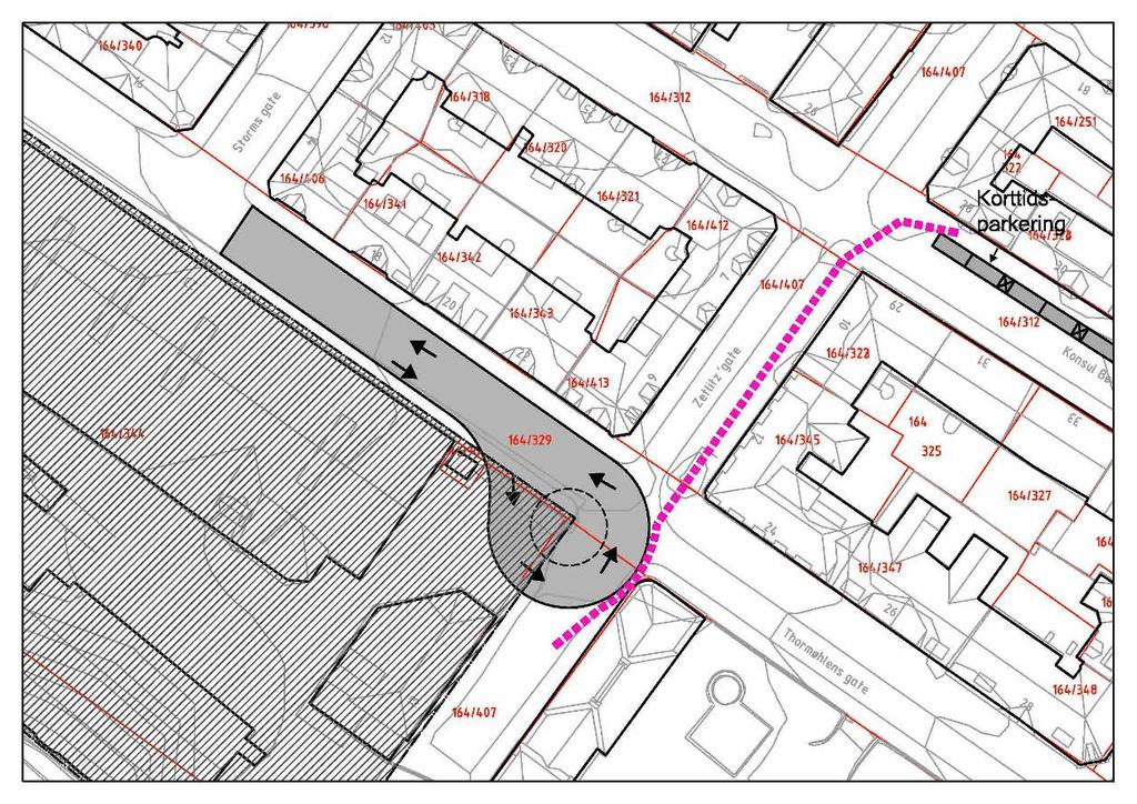 Alternativ II Toveiskjøring i Thormøhlens gate med snurundkjøring dimensjonert for liten lastebil Figur 40 Prinsippskisse for kjøremønster - Alternativ II.