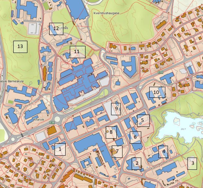 5.1 Vurdering av ulike tomtealternativ gjort av OPUS NUI viser til rapport «Helsehus i Knarvik lokalisering» utarbeidd av OPUS. OPUS har vurdert 13 ulike tomter / eigedommar i området Knarvik sentrum.