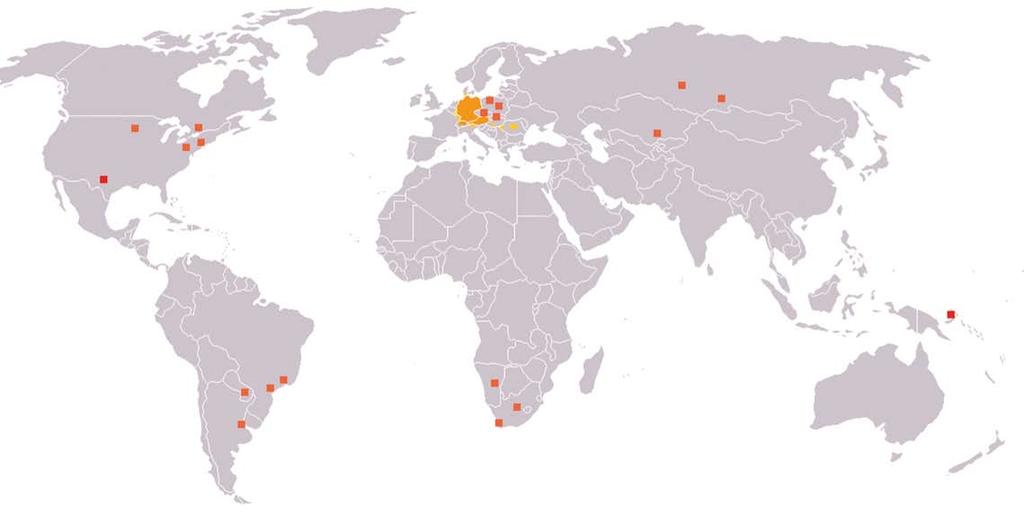 Kart over utbredelsen av tysk i verden Forklaring: (oransje) (gul) (rød) tysk er offisielt språk tysk er annetspråk tyskspråklige