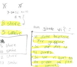 kombinasjonene av store og små barnebarn. Arbeidet ble avsluttet med at elevene skrev en forklaring på hvordan de hadde arbeidet med problemet. Figurene viser refleksjonene fra to av gruppene.