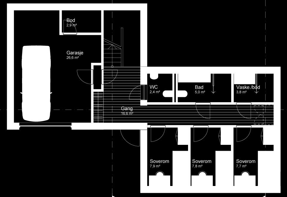 : 232,5m2 (fordelt på 3 etasjer,