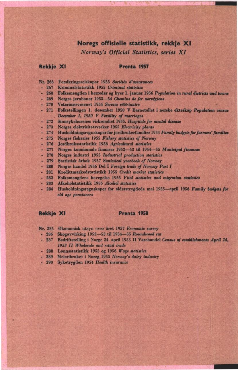 Noregs offisielle statistikk, rekkje XI Norway's Official Statistics, series XI Rekkje XI Prenta 97 Nr, 66 Forsikringsselskaper 9 Sociétés d'assurances 67 Kriminalstatistikk 9 Criminal statistics 68