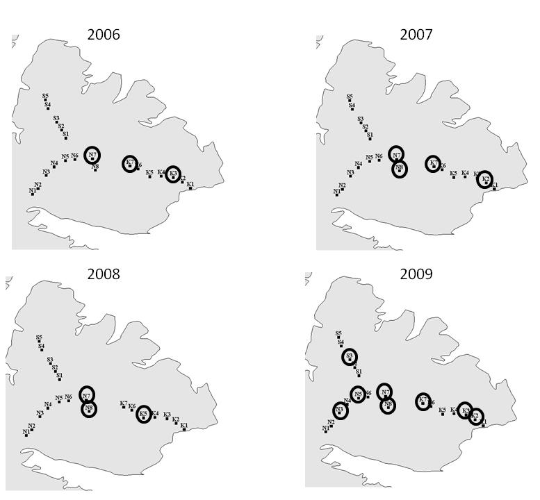 8 Figur 9. Besøksfrekvens på åtestasjoner for de vanligste åtseleterne på Varangerhalvøya. Legg merke til at y-aksen i 2009 har en annen skala enn resten av årene.