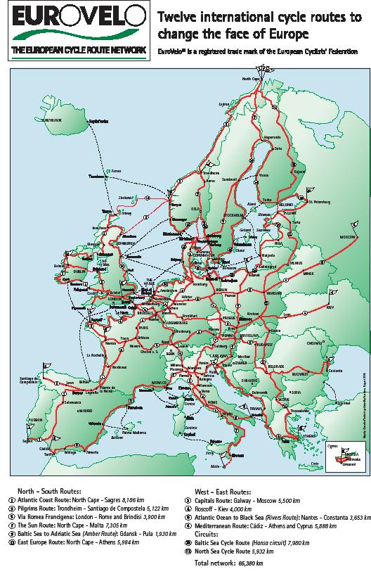 EuroVelo EuroVelo har 5 ruter i Norge, og som sammenfaller med flere nasjonale sykkelruter. North Sea Cycle Route (NSCR) fra Svinesund til Bergen, tre EuroVelo ruter har sitt utgangspunkt på Nordkapp.