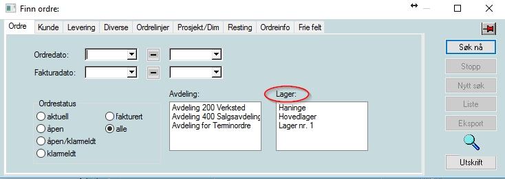 4. Faktura / verksted 4.1. Registrering, søk på ordrer pr. lager I søkedialogen for Finn ordre, kan det angis et eller flere spesifikke lagre som skal gjelde for ordresøket. 4.2.