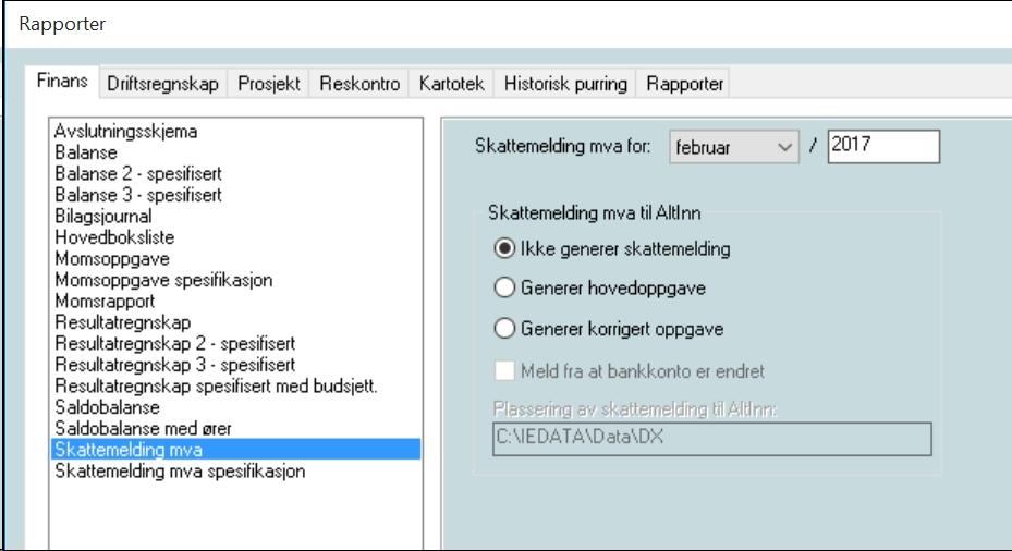 Under Regnskap/Rapportering/Rapporter og fane for Finans finnes ny rapport Skattemelding mva: Rapporten Skattemelding mva spesifikasjon erstatter tilsvarende rapport Momsoppgave spesifikasjon og