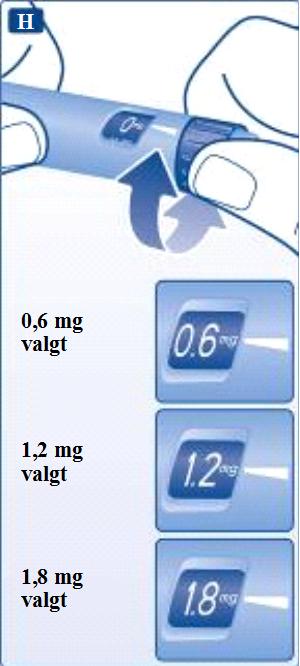 Velge dose Kontroller alltid at pekeren kommer på linje med 0 mg. Vri dosevelgeren til ønsket dose kommer på linje med pekeren (0,6 mg, 1,2 mg eller 1,8 mg).