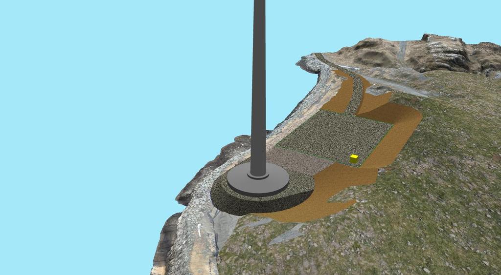 Figur 6: Utforming av oppstillingsplass og plassering av fundament på østlig turbin. Visualiseringen viser maksimal inngrep under bygging.