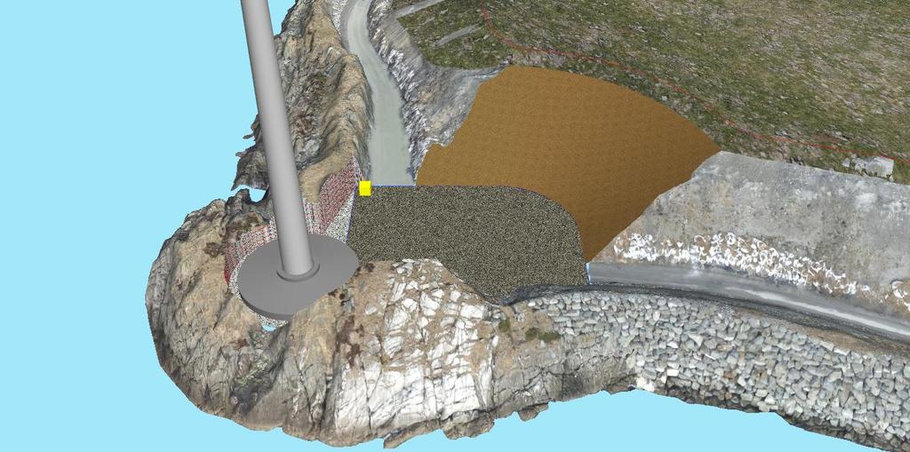 Visualiseringen viser maksimal inngrep under bygging. Turbinen i sørvest fundamenteres inne i det som idag er en bergrygg i randsonen til deponiet.