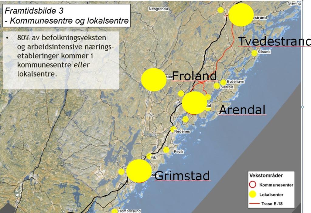 Arealscenarie 2: 80 % av samlet befolkningsvekst kommer i kommunesenterne Arendal, Grimstad,