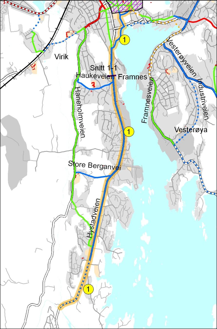 Bilde 4-1: Hystadveien syd for kryss med Haukeveien Trafikkdata Trafikkmengden i Hystadveien er i størrelsesorden 13.000 ÅDT nær sentrum og reduseres til 4.200 ved Larvik grense.