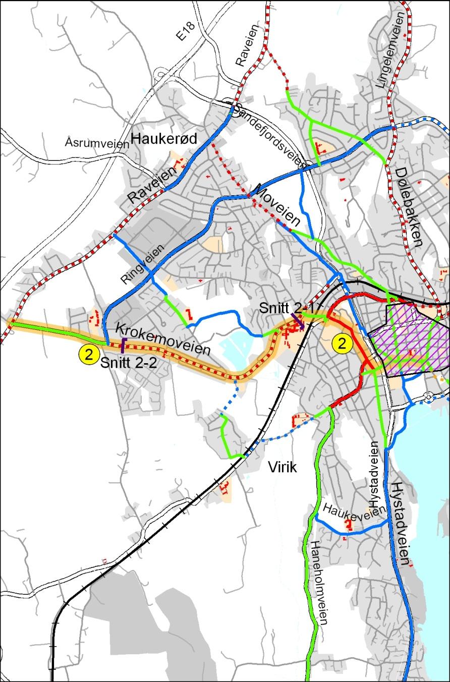 videregående skole. Rute 2 er også hovedatkomst til Bugårdsparken. Følger så Krokemoveien helt til Raveien ved industriområdet på Skolmar.