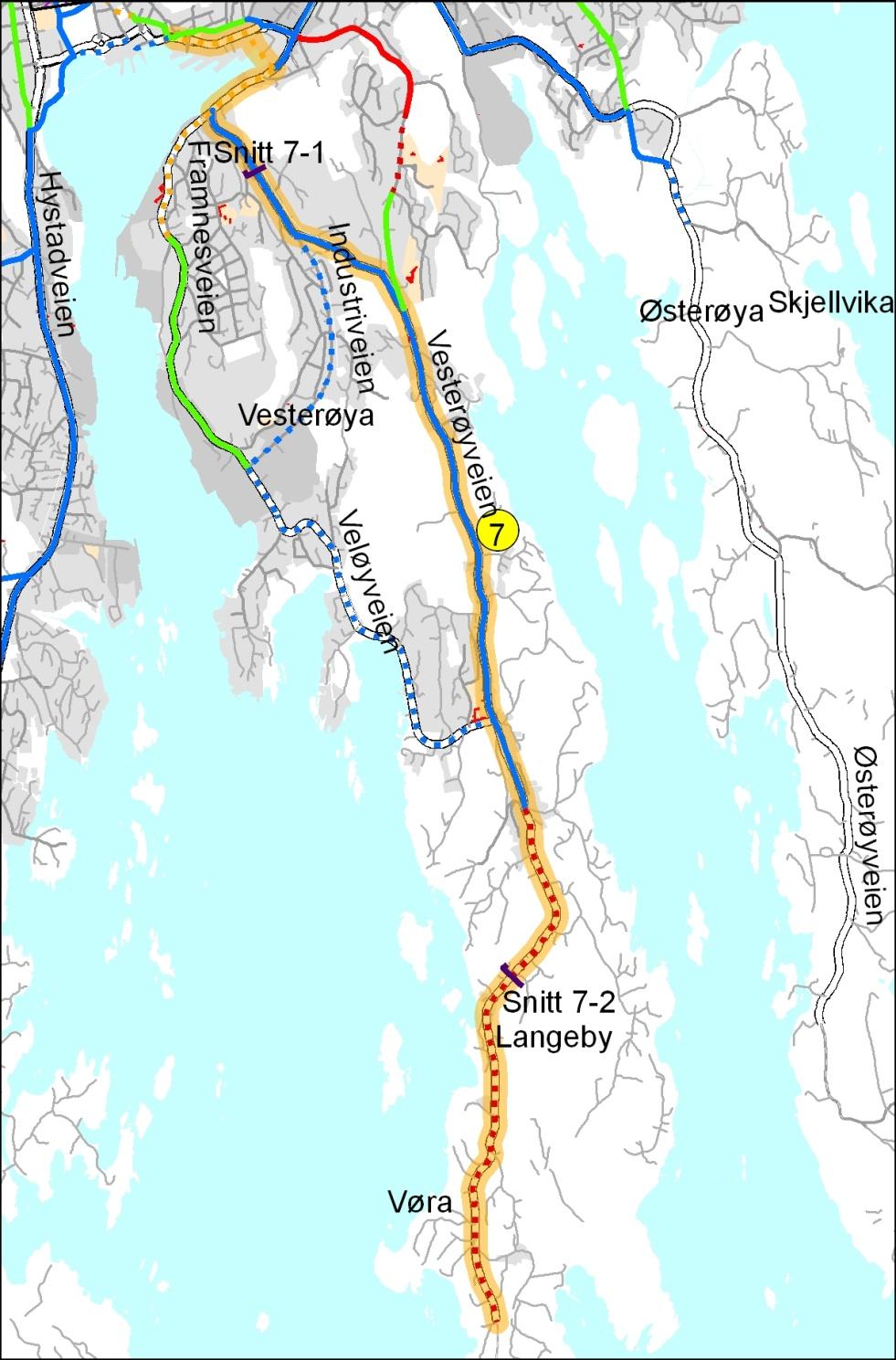 Rutas lengde er 8,3 km Dagens forhold Tyngdepunktet for Sandefjord sentrum er i ferd med å forskyves mot sør-øst. Det er viktig å legge til rette for gående og syklende i denne moderne bydelen.