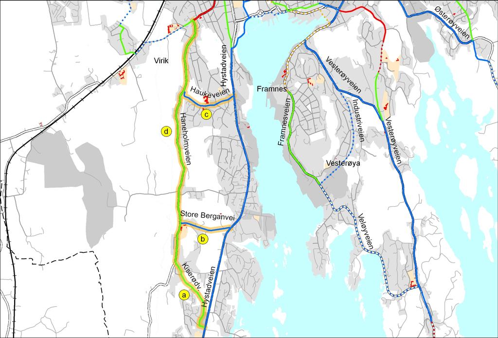 Fig 5-1 Kartutsnitt for lokalrute a-d Hovedplan for sykkel i Sandefjord