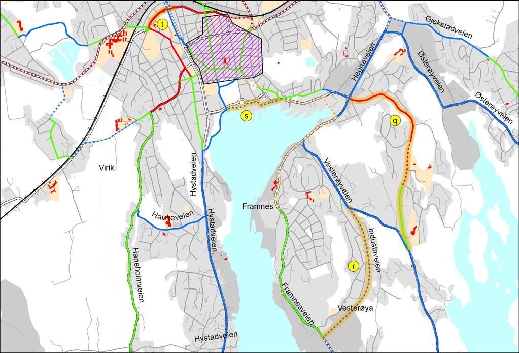 Fig 5-7 Kartutsnitt for lokalrute q - t Hovedplan for sykkel i Sandefjord