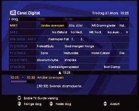 ) For å bla gjennom dagens programmer for den valgte kanalen, bruker du høyre og venstre navigasjonspiler. Bla mellom programmene med pil opp og ned. Bytt dag med P- og P+.