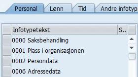 rapporter. Består av bokstaver eller av både bokstaver og tall for eksempel: «PA20 - Vis personalstamdata» Infotype Er det samme som et skjermbilde.