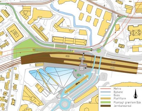 Skøyen stasjon bygges i åpen byggegrop. For å unngå for små radier i de omkringliggende kurvene må stasjonen legges så nært jernbanen som mulig.