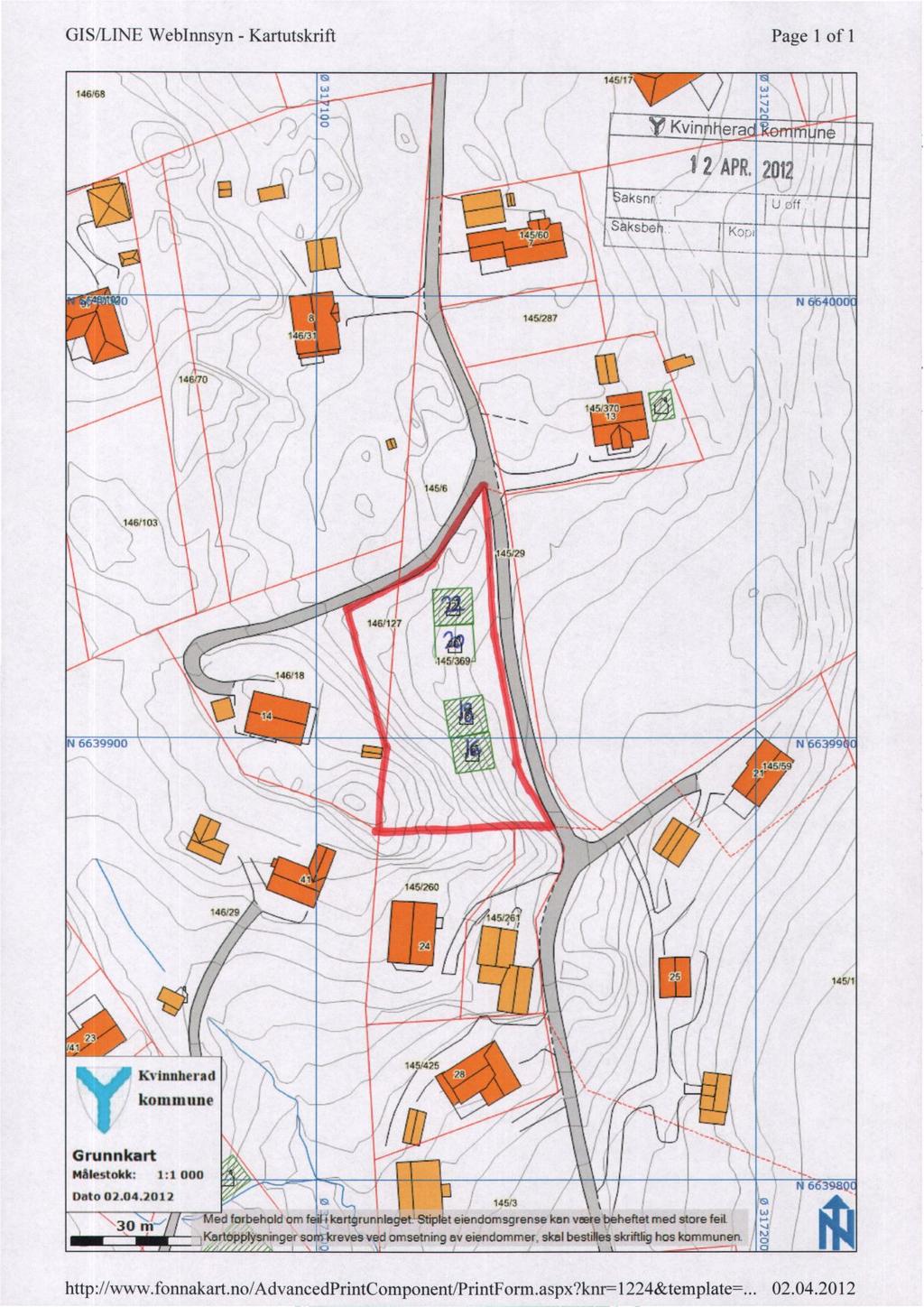 GIS/LINE WebInnsyn - Kartutskrift Page 1 of 1 146168 145 17 145/60 7 aksnr Saksbeh Kvinnhera une 1 2 APR. 2012 U off.