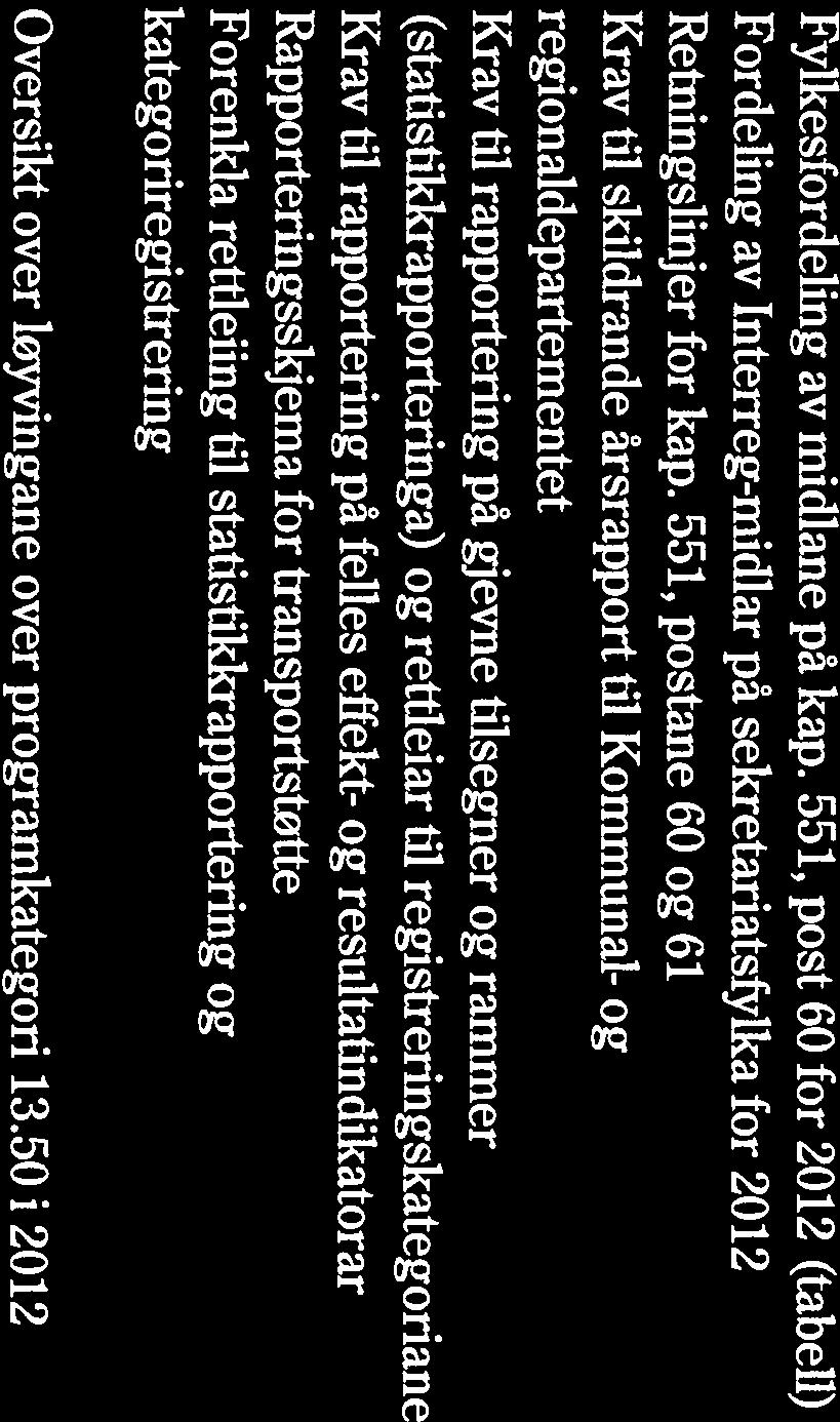 VEDLEGG Vedlegg 1: Fylkesfordeling av midlane på kap. 551, post 60 for 2012 (tabell) Vedlegg 2: Fordeling av Interreg-midlar på sekretariatsfylka for 2012 Vedlegg 3. Retningslinjer for kap.