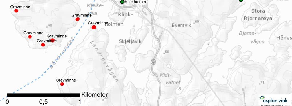 Utsnitt frå kart som viser røyser langs Bårdsundet på Tysnes. Blå stipla linje viser historisk skipslei. Sjøbruksmiljø ved Klinkholmen og Kubbevik er markert grønt. 6.